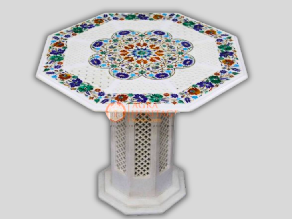 White Marble Carnelian Floral Inlay Side Table Top Decor